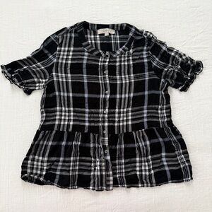 LOFT Black & White with Light Blue Plaid Peplum Blouse